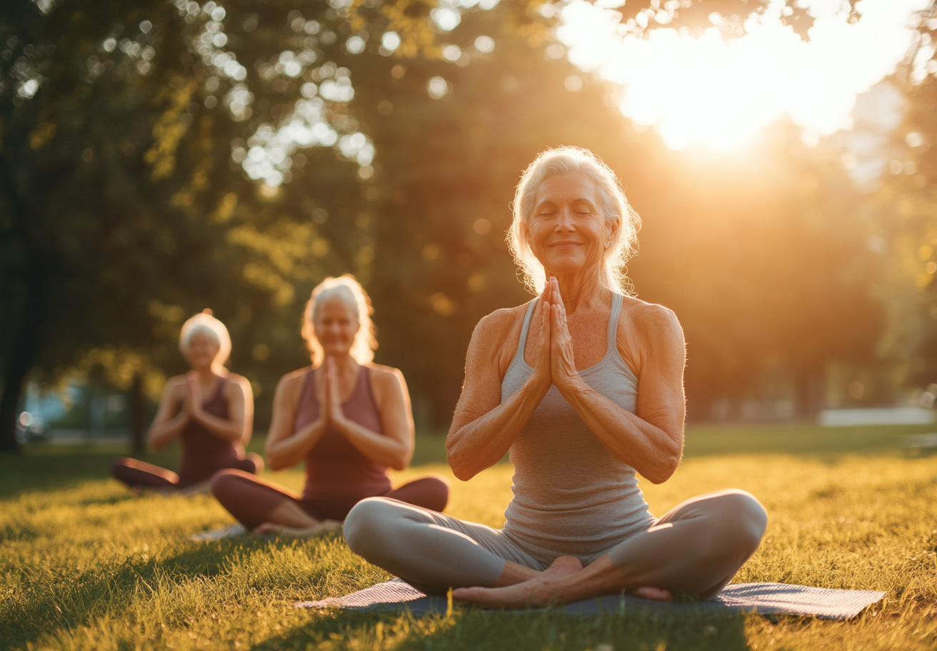 Старша жінка практикує йогу в природному середовищі